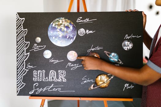 pexels-photo-7605840-7605840 Colorful solar system poster in a classroom emphasizing planets and learning.